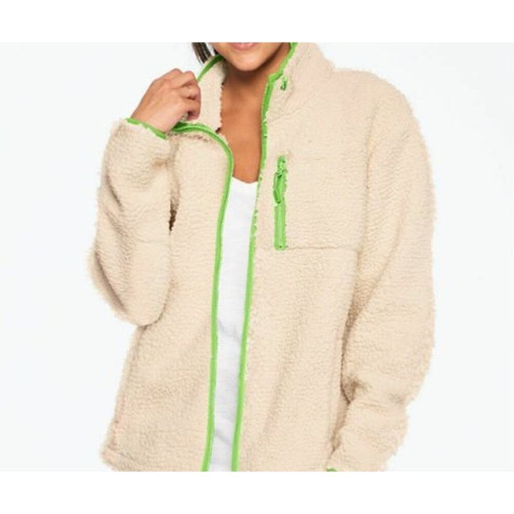 Victoria Secret PINK Cream and Neon Green Trim Sherpa Full Zip Jacket Size Small
